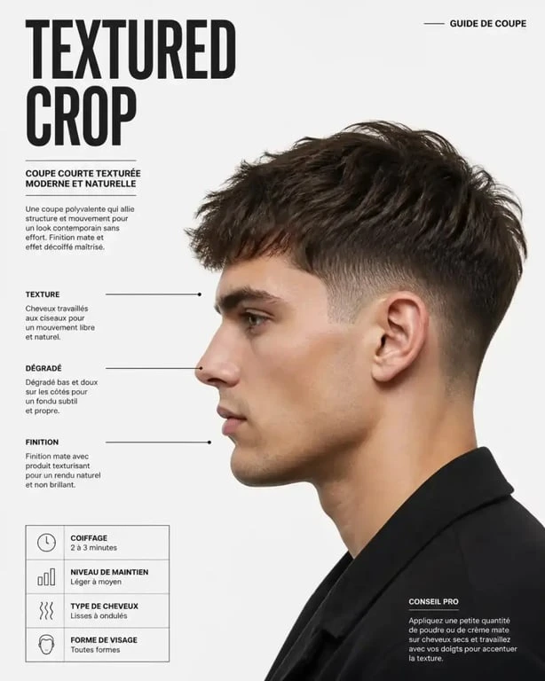 Exemple de coupe de cheveux homme 2026 style textured crop