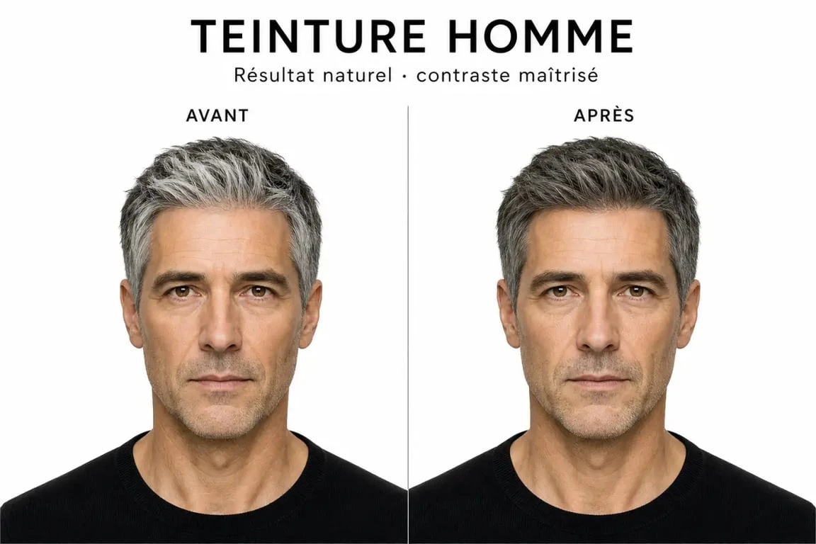 Teinture cheveux homme avant après avec rendu naturel sur cheveux courts poivre et sel