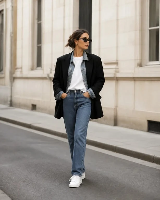 Style street : silhouette urbaine avec jean droit, sneakers et blazer oversize dans une rue de ville