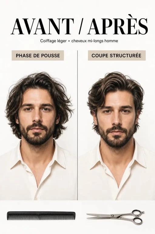 coupes cheveux mi longs homme : avant/après d’une coupe structurée et facile à coiffer