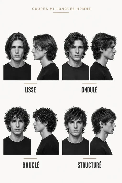 coupes cheveux mi longs homme : moodboard éditorial de styles masculins mi-longs