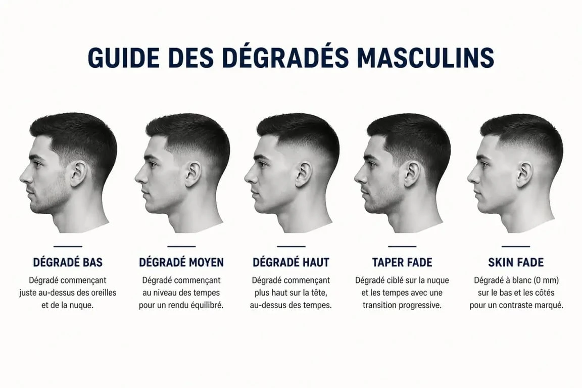 Comparatif dégradé homme court avec dégradé bas, moyen, haut, taper fade et skin fade