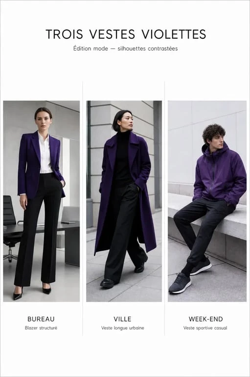 Veste violette portée en trois styles de look : blazer, veste longue et veste sportive
