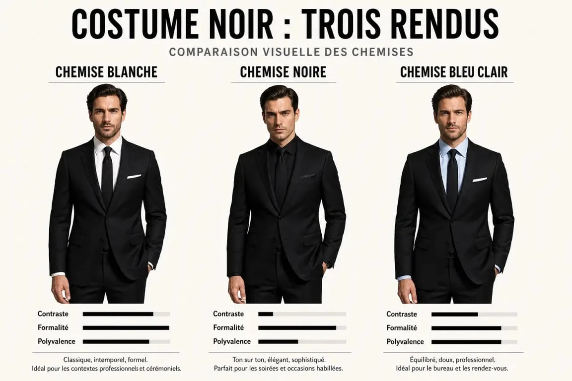 Chemise costume noir : comparaison visuelle entre chemise blanche, chemise noire et chemise bleu clair