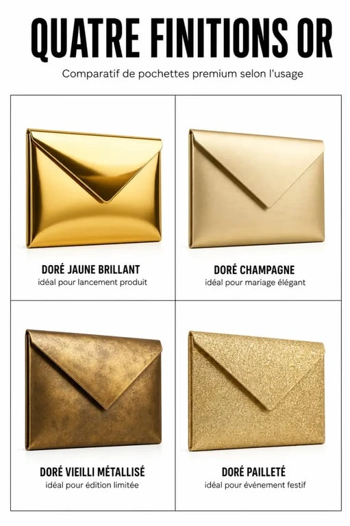 Pochette or comparée en plusieurs nuances et finitions selon l’occasion