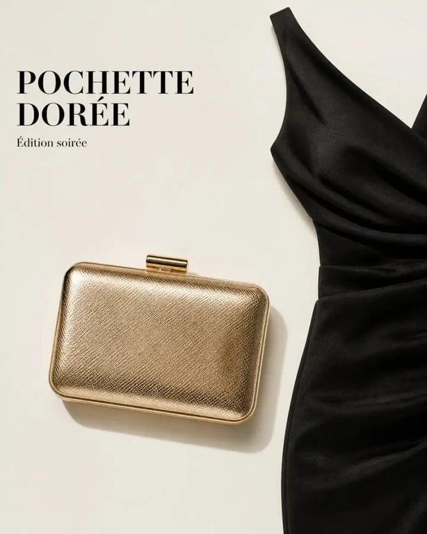 Pochette or dorée portée avec une tenue de soirée noire élégante
