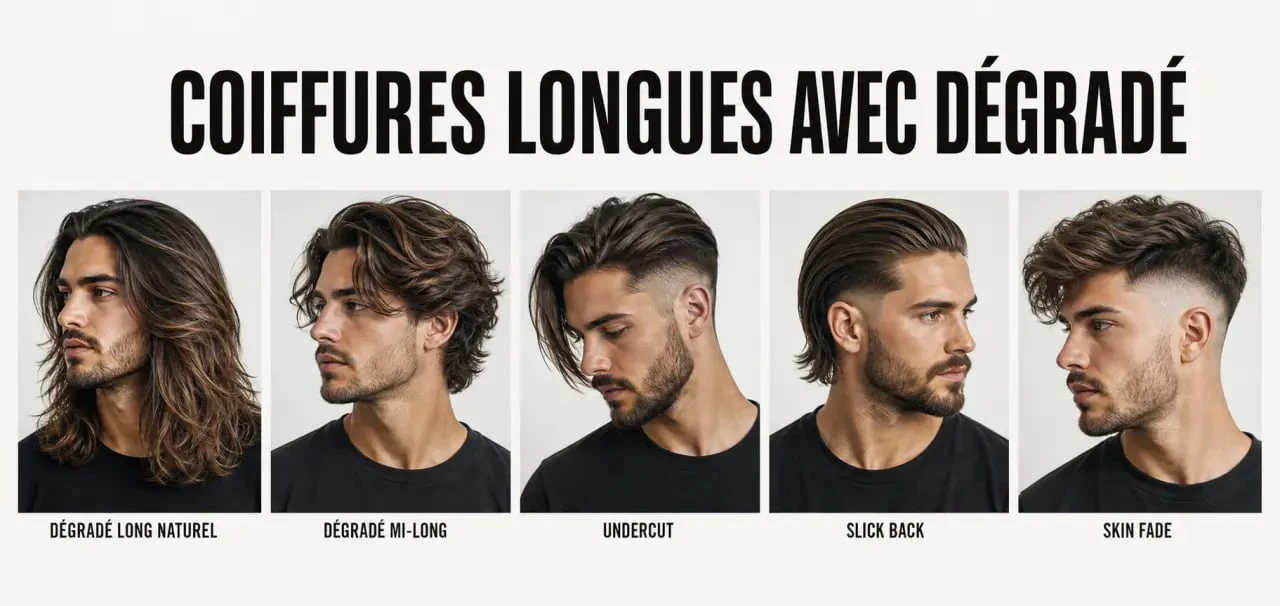 Dégradé cheveu long homme : comparaison visuelle des variantes long, mi-long, undercut, slick back et skin fade