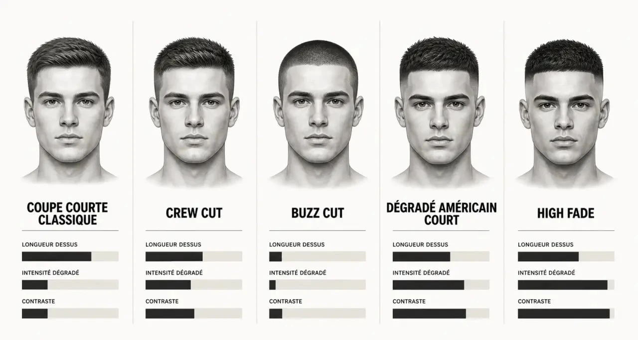 Coupe homme court classique comparée au crew cut, buzz cut et fade dans un visuel éditorial