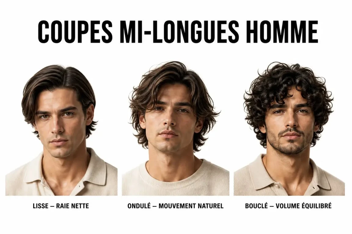 Coupe mi longs homme : trois styles mi-longs pour homme en composition éditoriale