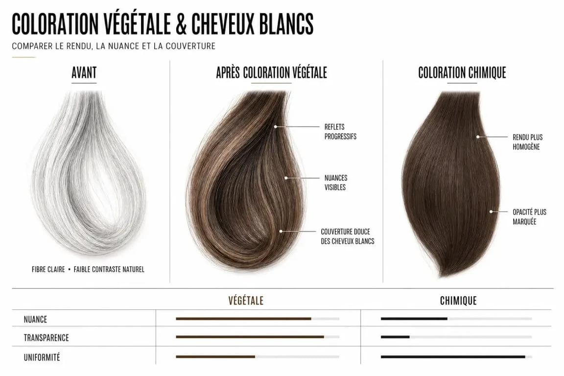 Coloration végétale cheveux blancs : comparaison visuelle du rendu naturel et des différences avec la coloration chimique