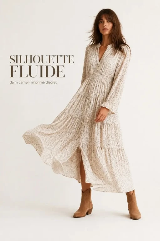 Bottine robe : exemple bohème avec robe longue et bottines western en daim