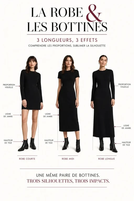 Bottine robe : comparaison visuelle des effets d’une robe courte, midi et longue avec différentes bottines
