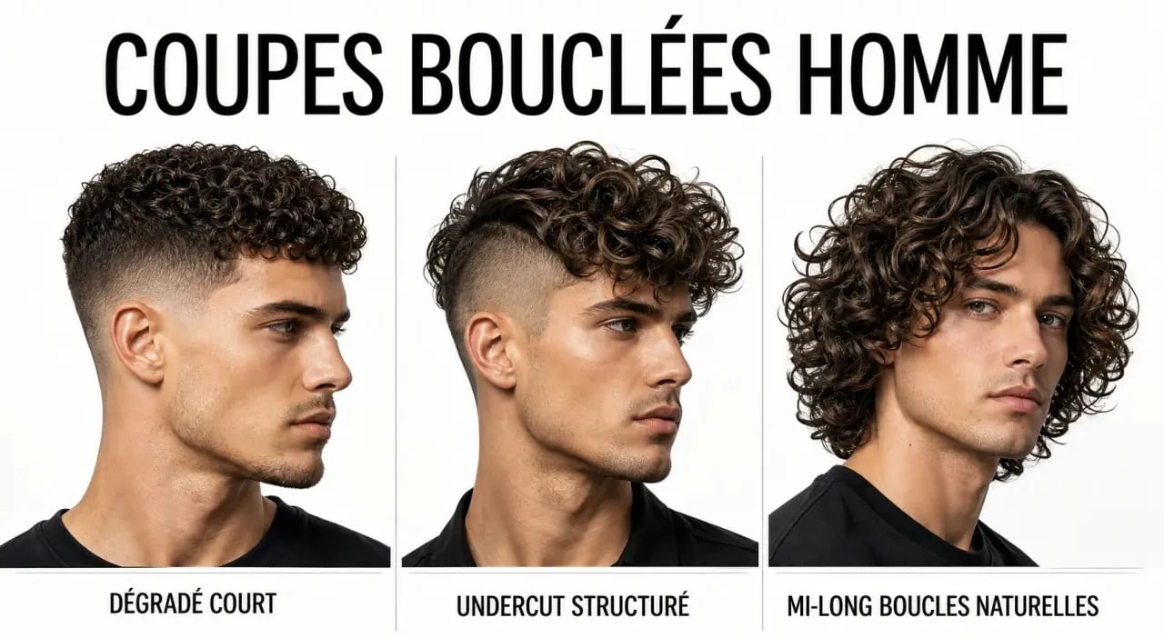 curly hair homme avec coupes dégradé, undercut et mi-long en style éditorial