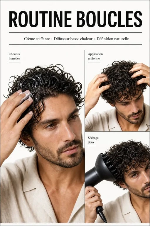 curly hair homme en routine avec diffuseur et crème coiffante