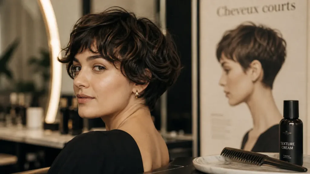 Femme ronde cheveux court, pixie texturé et frange asymétrique