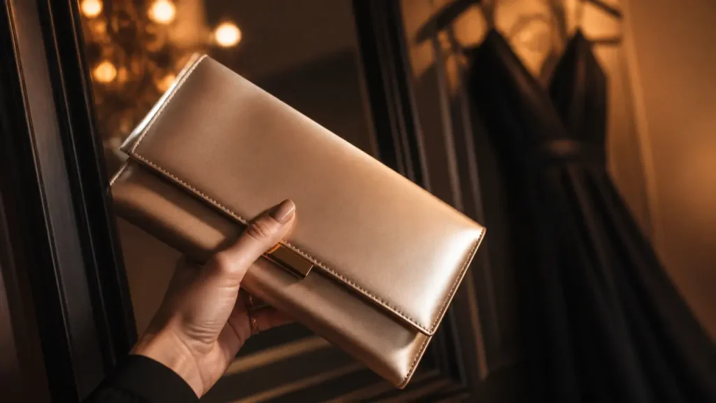 Pochette or champagne avec tenue élégante, miroir noir