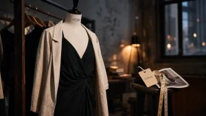 Robe Celine noire sur portant en bois, vue trois-quarts