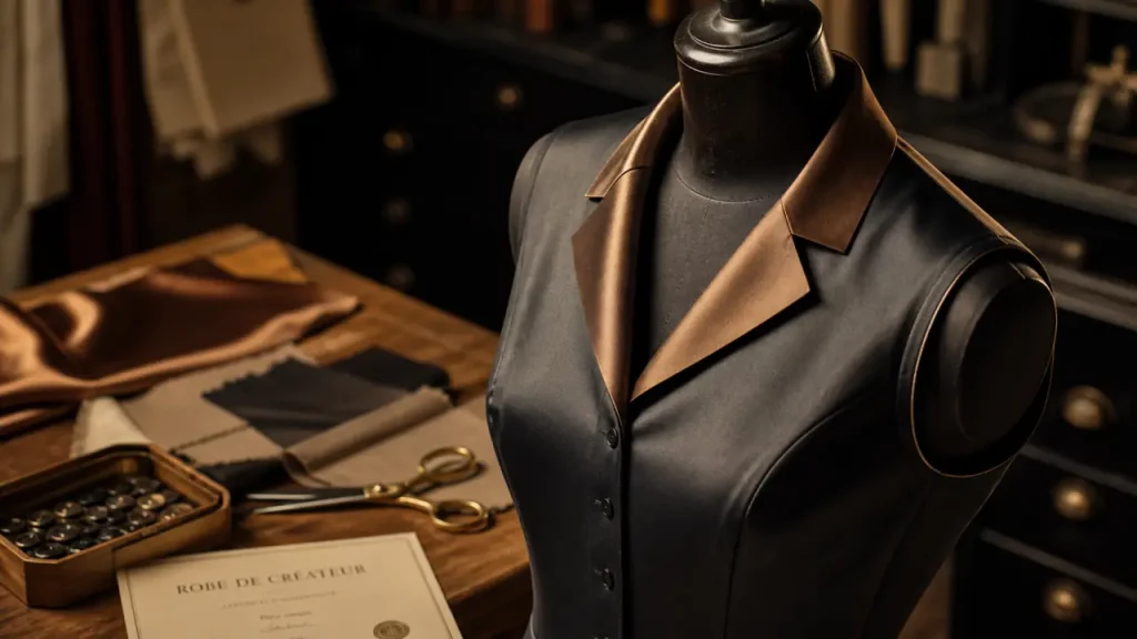 Robe de créateur sur mannequin, détails couture et atelier