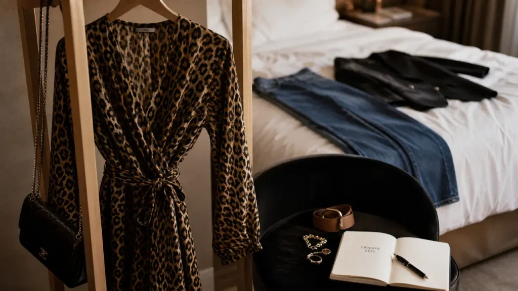 Robe léopard mode sur portant bois, tenue chic