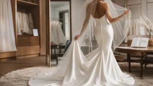 Robe mariee sirene satin : mariée de dos en atelier couture