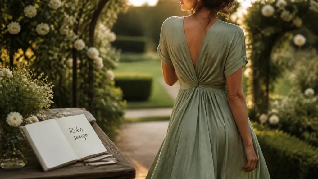 Robe sauge mariage : femme en robe sauge fluide près d’un arche