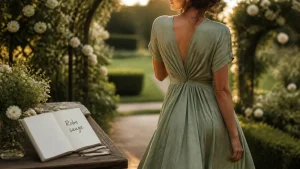 Robe sauge mariage : femme en robe sauge fluide près d’un arche
