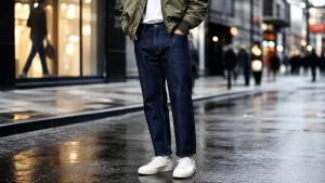 Style street : jean brut, sneakers blanches, bomber kaki superposé