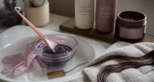 Cheveux violine : bol prune rosée, gants et pinceau pour coloration maison