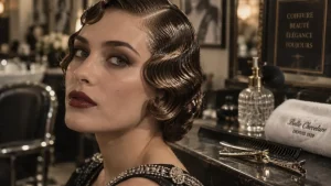Coiffure année 20 ondulations en S, raie latérale Gatsby, cheveux vintage