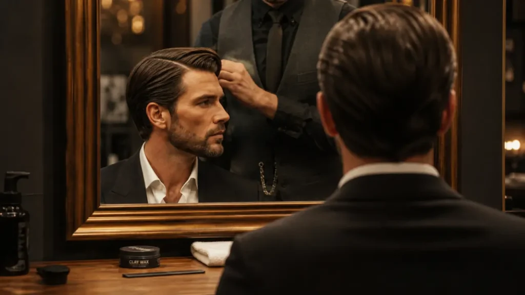 Coiffure homme pour mariage : raie sur le côté, wet look, coupe nette