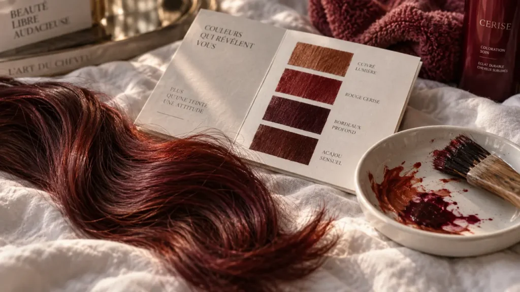 Coloration rouge sur cheveux foncés, reflet profond bordeaux cerise