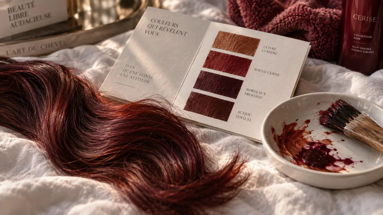 Coloration rouge sur cheveux foncés, reflet profond bordeaux cerise