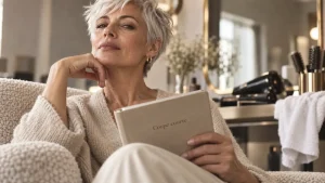 Coupe courte femme 50 ans, pixie blanc doux, relief du visage