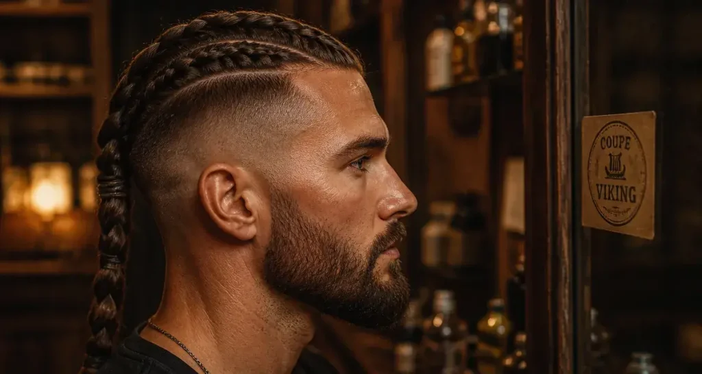 Coupe viking homme : tresse et dégradé très court, barbe soignée