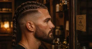Coupe viking homme : tresse et dégradé très court, barbe soignée