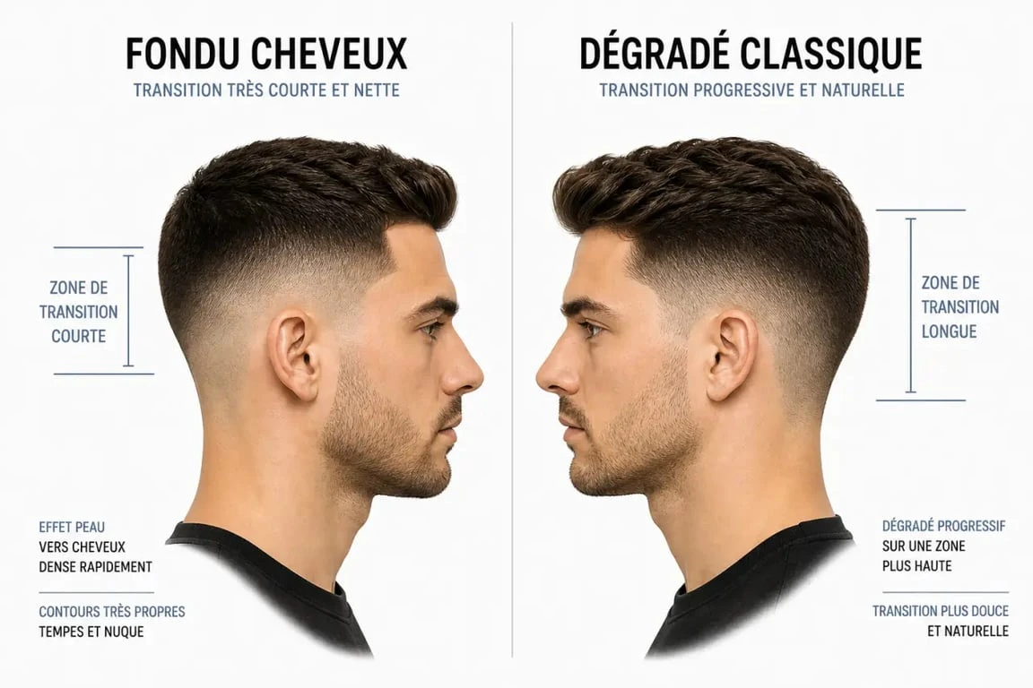 Fondu cheveux : comparaison visuelle entre fondu et dégradé classique