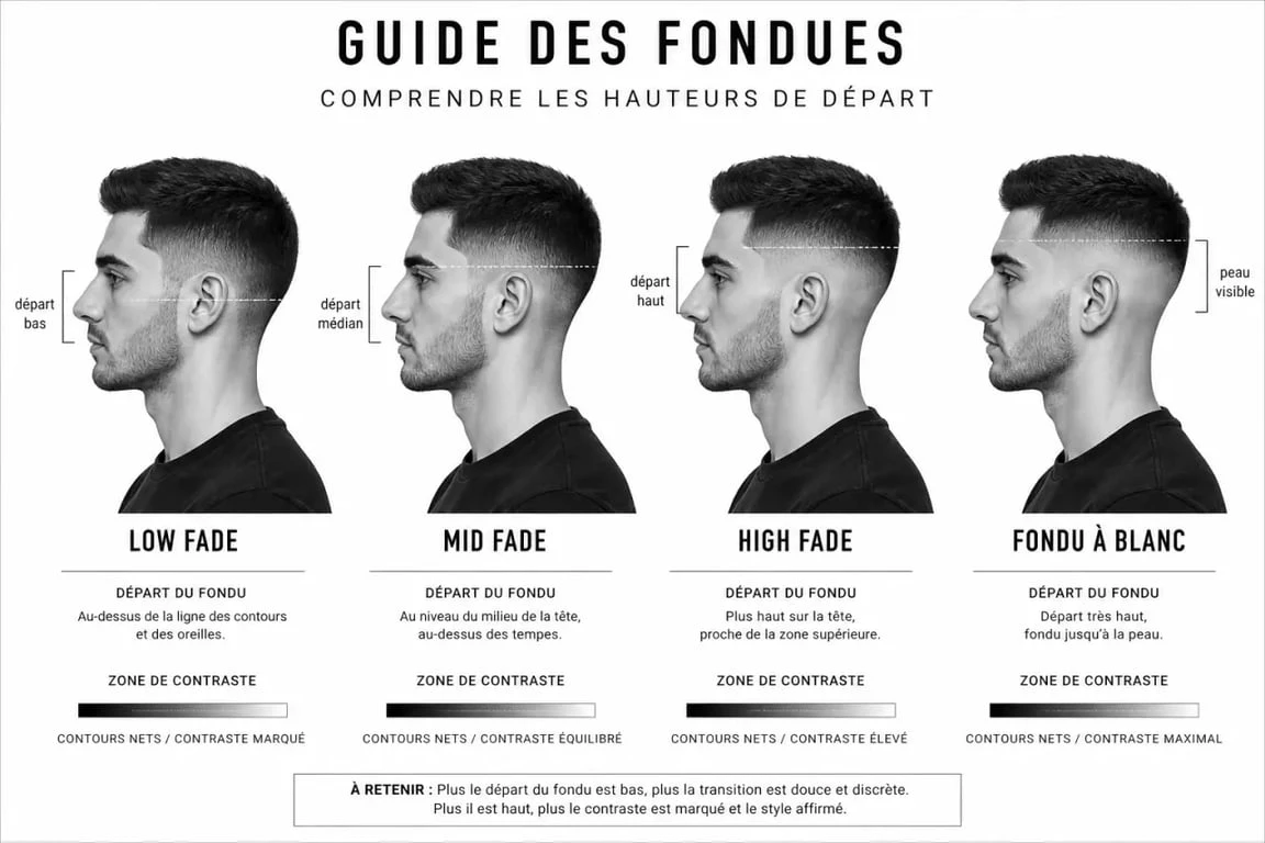 Fondu cheveux comparatif visuel entre low fade, mid fade, high fade et fondu à blanc