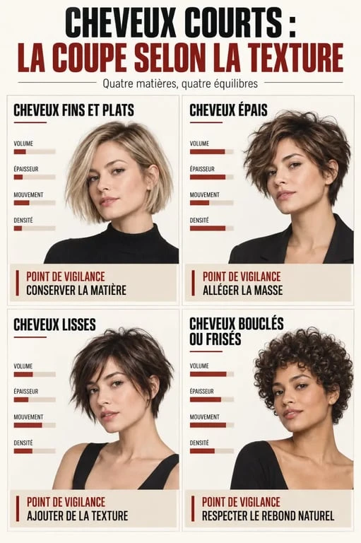 Coiffure courte femme selon la texture des cheveux : fins, épais, lisses ou bouclés