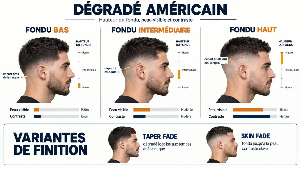 Comparaison visuelle du dégradé américain low fade, mid fade, high fade, taper fade et skin fade