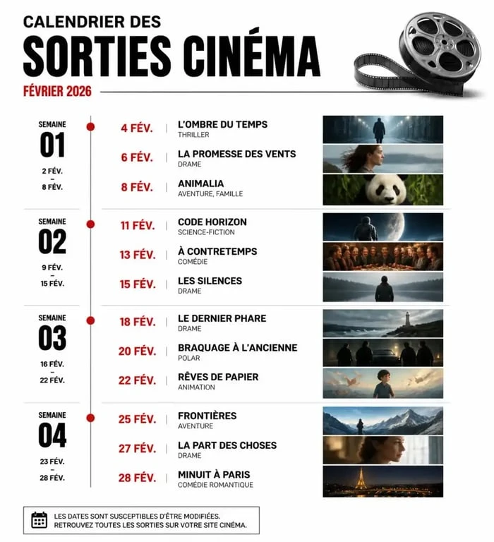 Calendrier des sorties cinéma février 2026 par semaine