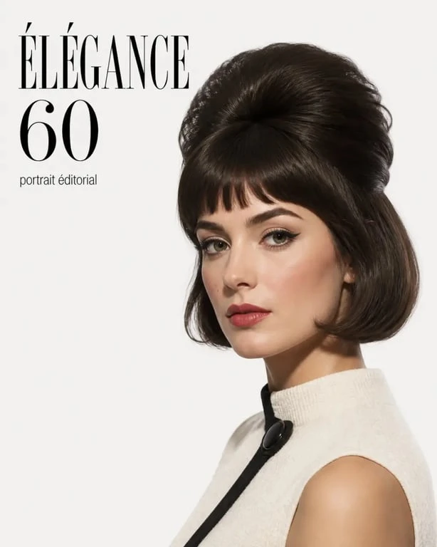 Coupe annee 60 avec volume haut et frange graphique sur modèle