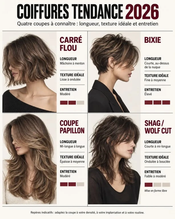 Infographie des styles de coiffure tendance 2026 selon la longueur, la texture et l'entretien