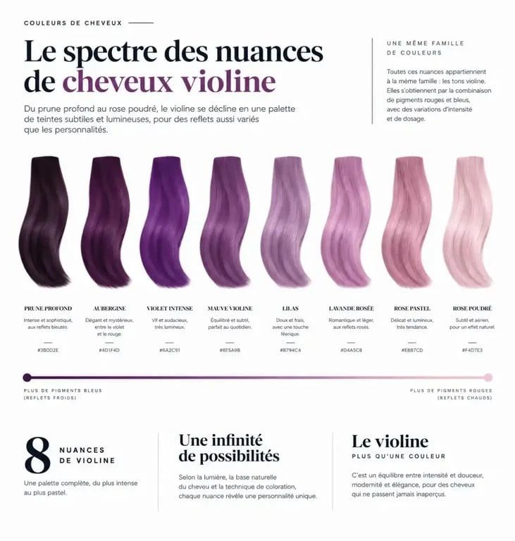 Nuances de cheveux violine : du prune profond au rose poudré