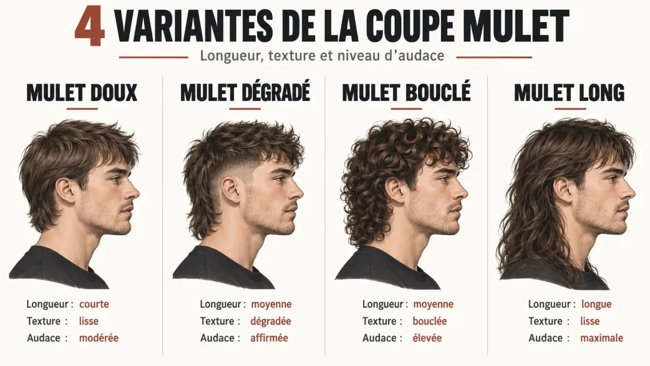 Variantes de coupe mulet homme : mulet doux, dégradé, bouclé et long