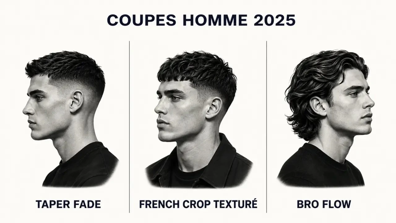 Tendance coupe homme 2025 : taper fade, French crop texturé et bro flow en composition éditoriale