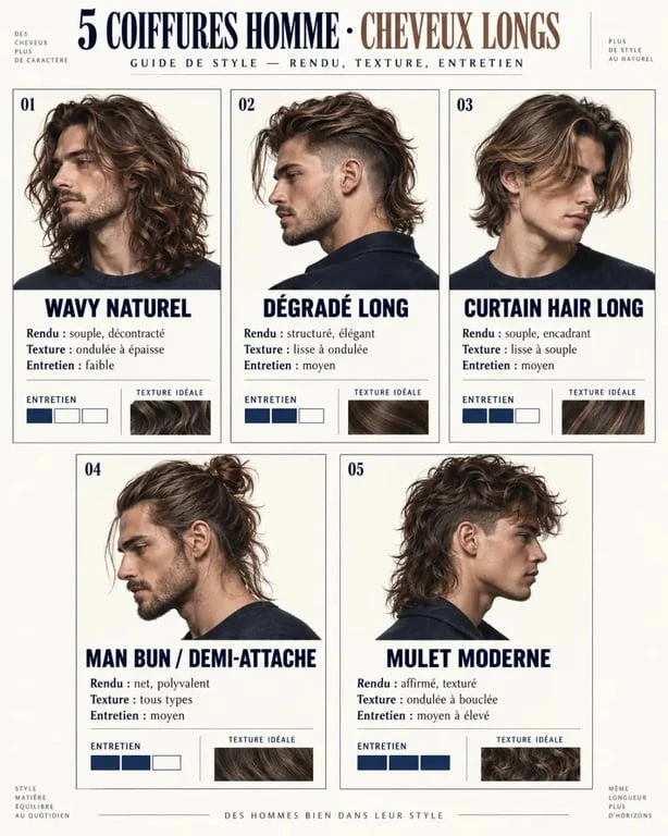Coiffure homme cheveux longs : comparaison de cinq styles selon la texture et l’entretien