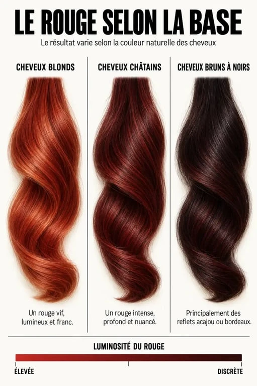 Coloration rouge selon la base capillaire, du rouge vif aux reflets acajou et bordeaux