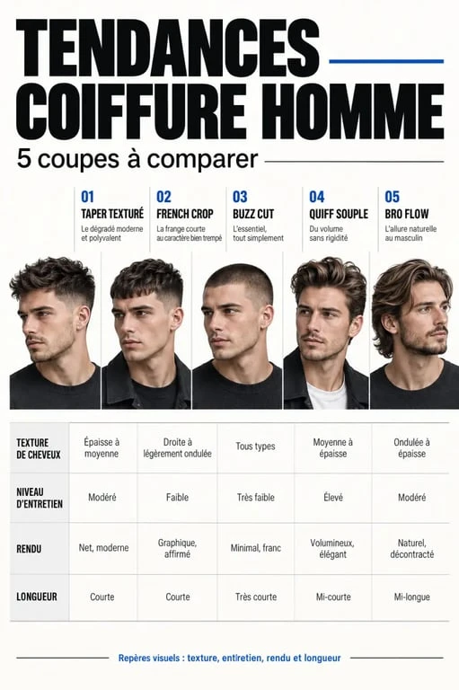 Infographie sur la tendance homme coiffure et les coupes adaptées à chaque texture de cheveux