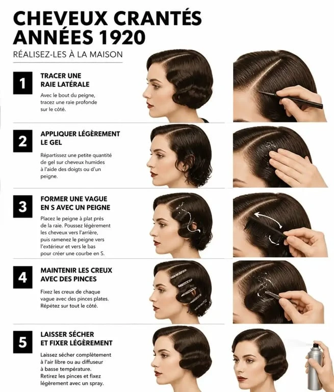 Étapes illustrées pour réaliser une coiffure année 20 avec des cheveux crantés