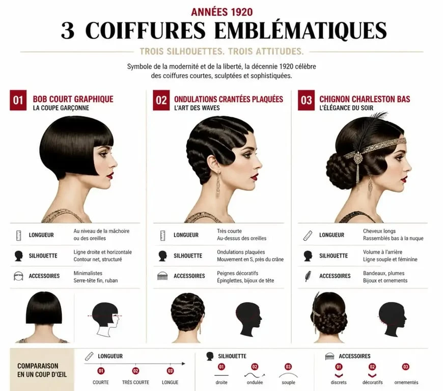 Infographie des styles de coiffure année 20 : bob, crans et chignon Charleston